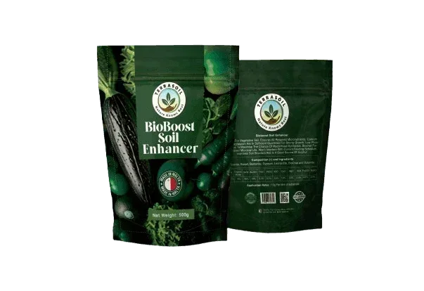 BioBoost Soil Enhancer fertilizer pouch with green vegetables, EU-compliant gardening product