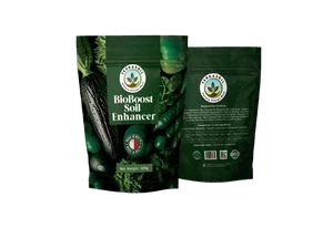 BioBoost Soil Enhancer fertilizer pouch with green vegetables, EU-compliant gardening product