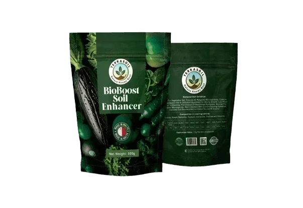 BioBoost Soil Enhancer fertilizer pouch with green vegetables, EU-compliant gardening product