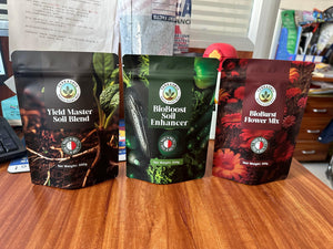 Three Terasoil plant soil products for cannabis and CBD growing on a wooden desk in Malta