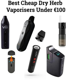 Various affordable dry herb vaporisers with display screens and buttons, under €100.