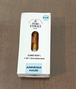 CBD vape cartridge Amnesia Haze 1ml, 60% CBD with terpenes, in retail packaging