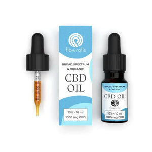 Broad spectrum organic CBD oil 10ml dropper bottle with box, labeled 1000mg CBD.