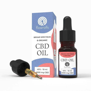 Broad spectrum organic CBD oil 40 percent 10ml bottle with dropper, product box beside