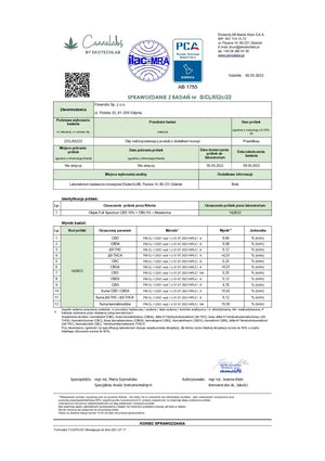 Flowrolls CBD CBN oil laboratory analysis certificate showing cannabinoid test results
