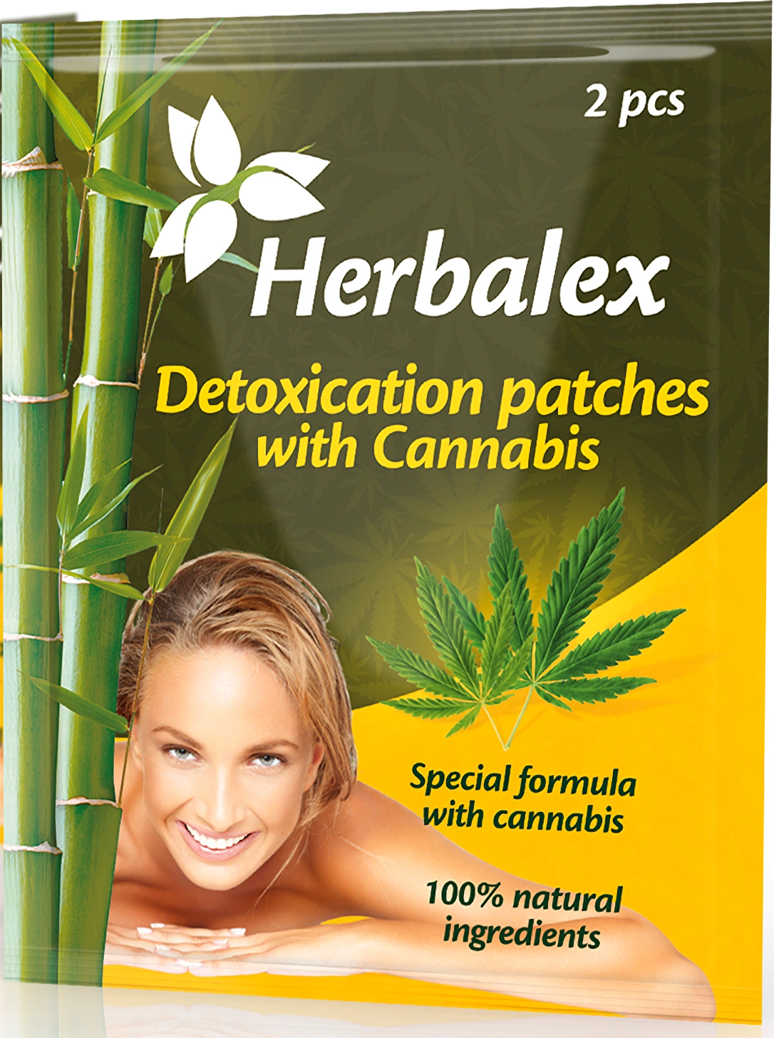 Front of Herbalex foot patches with cannabis packaging, containing 2 patches.