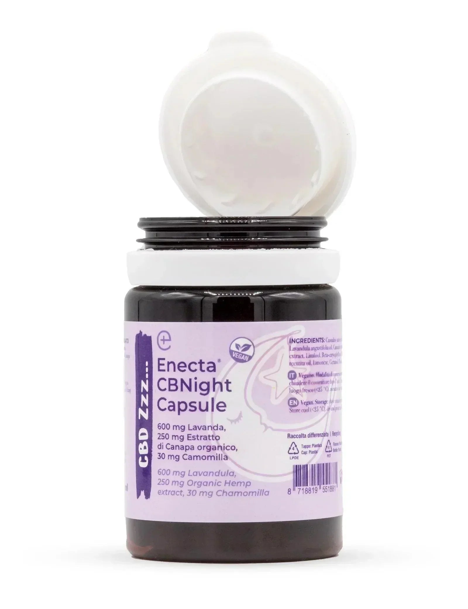 Open jar of Enecta CBNight Capsules with lavender, organic hemp extract, and chamomile, vegan sleep supplement.