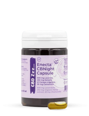 Enecta CBNight Capsule jar with purple label and single golden softgel, vegan CBD supplement