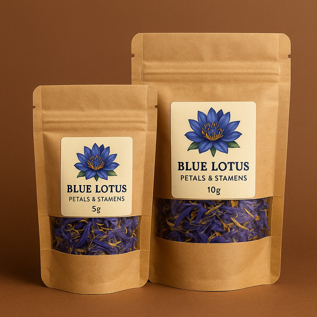Two brown paper bags with blue lotus packaging on a brown background 5g and 10g packs