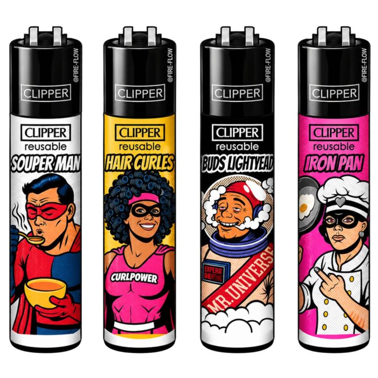 Clipper Classic Large Everyday Heroes Collection refillable lighter featuring four comic-inspired designs.