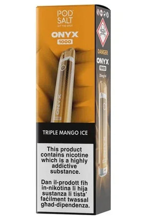 Packaging of Pod Salt ONYX 1000 vape pen with triple mango ice flavor on a white background.