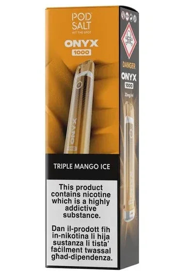 Packaging of Pod Salt ONYX 1000 vape pen with triple mango ice flavor on a white background.