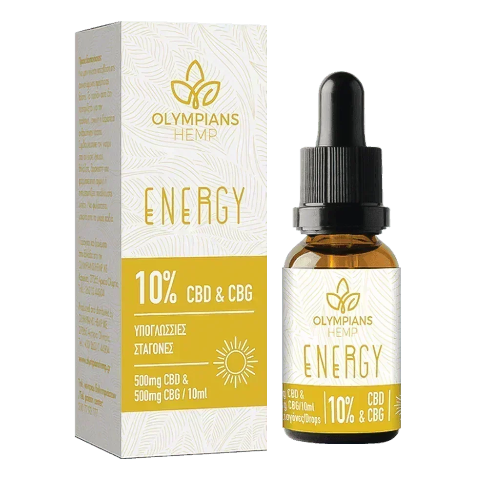 10% CBD and CBG oil energy drops with dropper and box, legal cannabis extract product