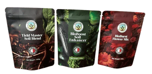 Three resealable pouches labeled Yield Master Soil Blend, BioBoost Soil Enhancer, and BioBurst Flower Mix with plant imagery.