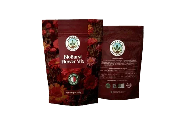Foil cannabis flower mix packaging with red floral design, cannabis leaf logo, and product details