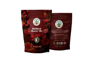 Foil cannabis flower mix packaging with red floral design, cannabis leaf logo, and product details