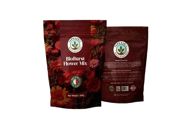 Foil cannabis flower mix packaging with red floral design, cannabis leaf logo, and product details