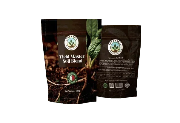 Foil packaging for Yield Master Soil Blend, featuring cannabis leaf logo and detailed product info