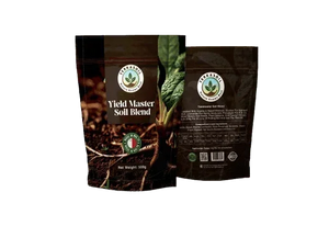 Foil packaging for Yield Master Soil Blend, featuring cannabis leaf logo and detailed product info