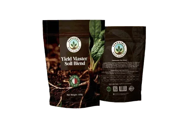 Foil packaging for Yield Master Soil Blend, featuring cannabis leaf logo and detailed product info