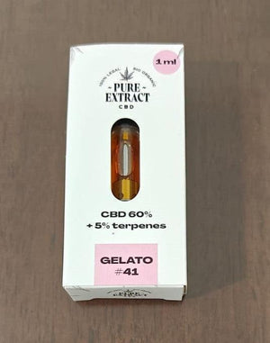 Gelato #41 CBD vape cartridge 1ml in white box, 60% CBD, 5% terpenes, on wooden surface