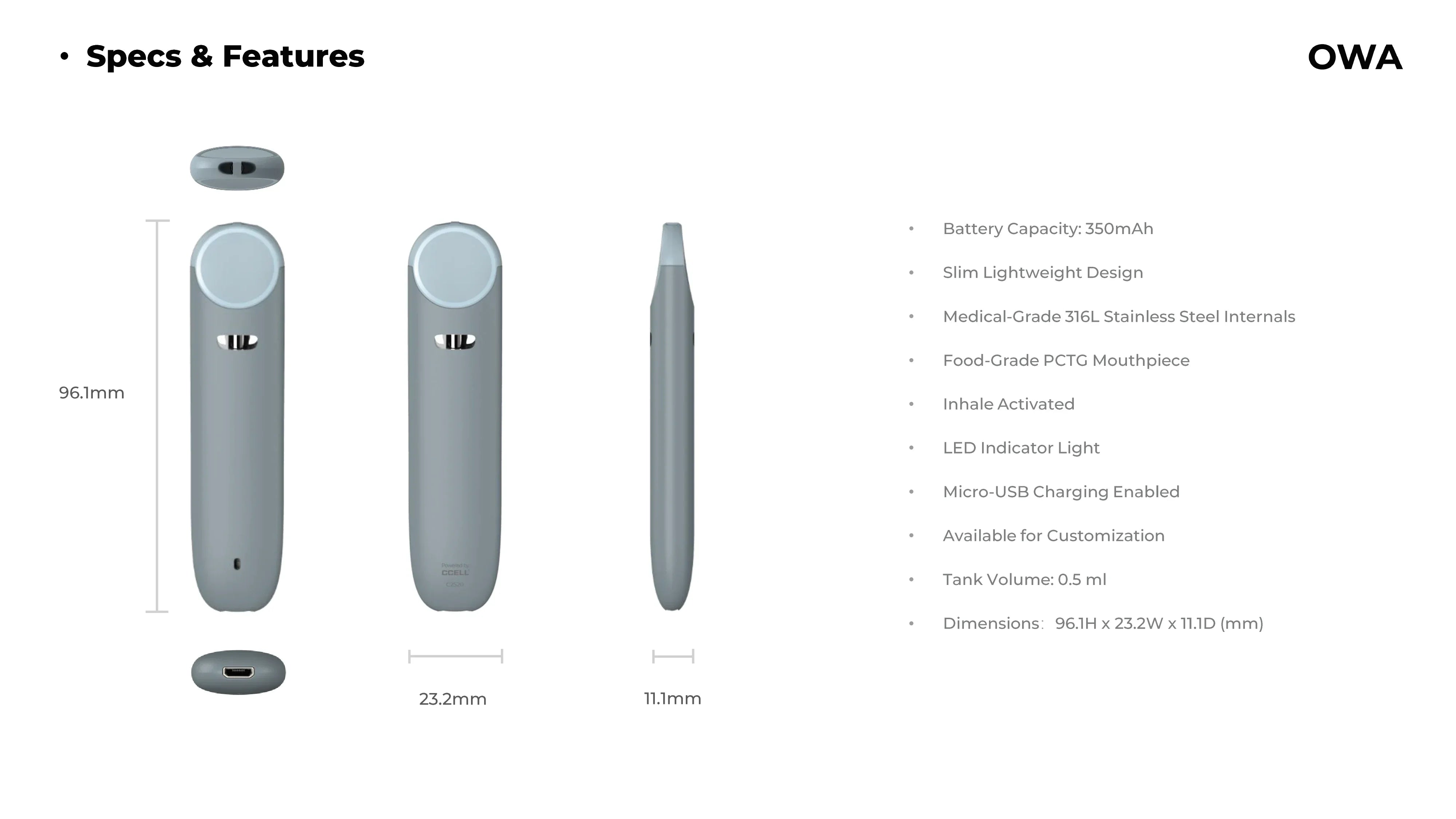 CCELL OWA All Colours (Empty) Vape Pens - 0.5ml specs and features