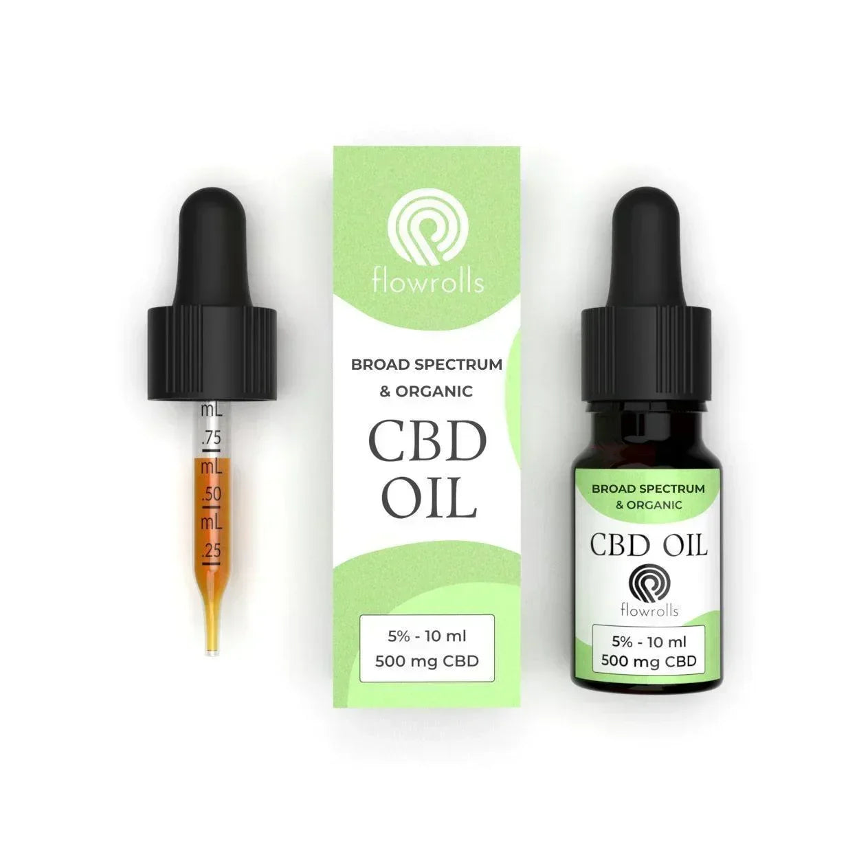 Broad spectrum organic CBD oil 500mg bottle and box with dropper, flat lay view
