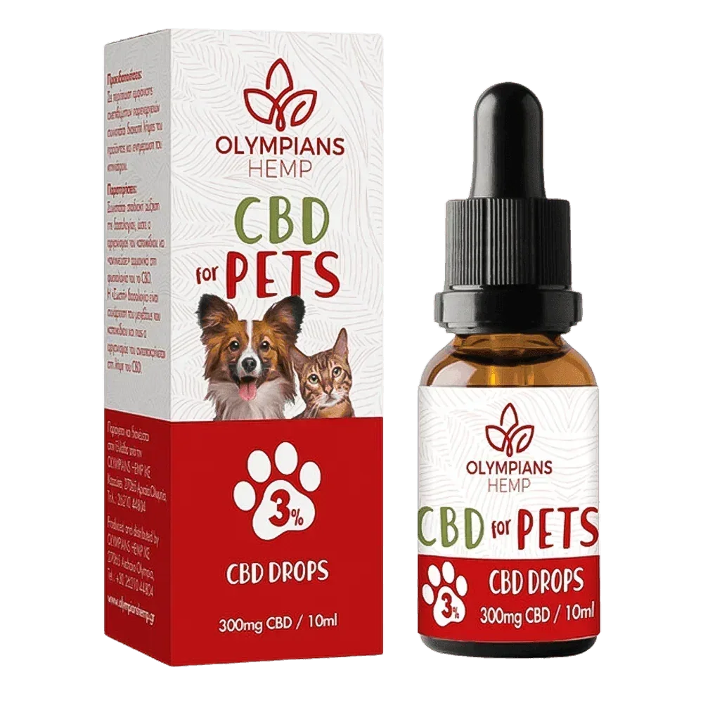 CBD drops for pets box and bottle with dropper, shows dog and cat on packaging, 300mg 10ml