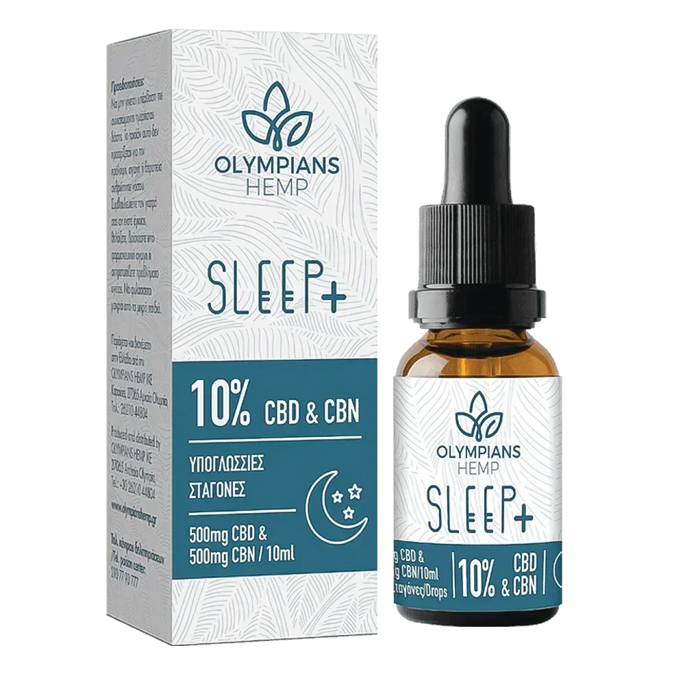 Olympians Hemp Sleep Plus 10% CBD and CBN oil with dropper and product box