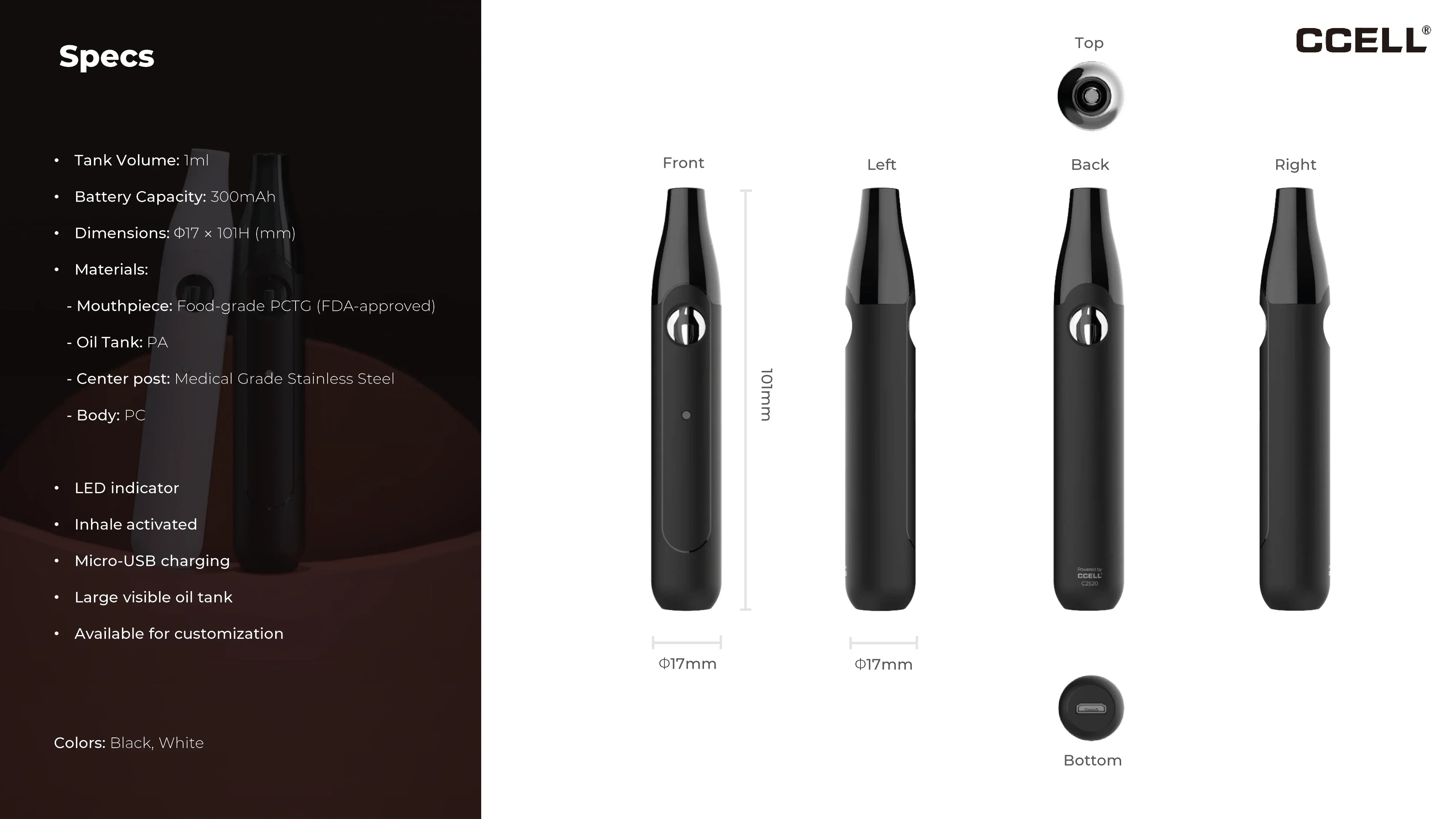 CCELL Sima White - 10 pcs - empty disposables - 1ml specs