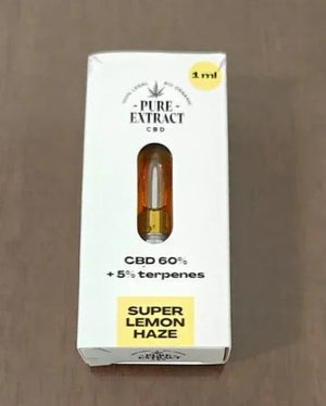 Super Lemon Haze 1ml CBD vape cartridge with 60% CBD and 5% terpenes in white packaging