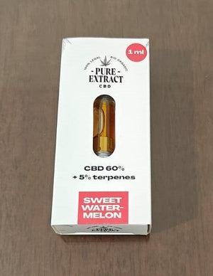 Closeup of Sweet Watermelon CBD vape cartridge 1ml, 60% CBD with terpenes in white box