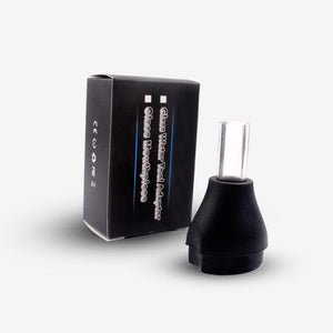 Glass mouthpiece water tool adapter with black silicone base, shown beside product box