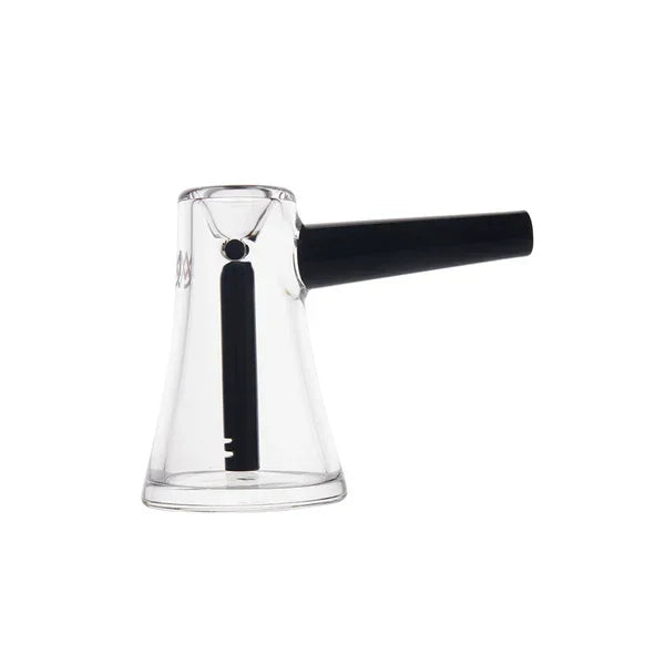 Clear glass water pipe with black mouthpiece for herb use, isolated on white background