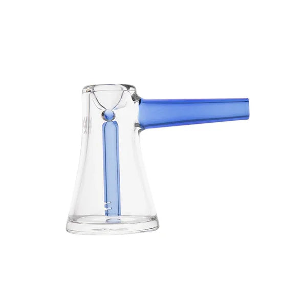 Clear and blue glass water pipe with angled mouthpiece on white background