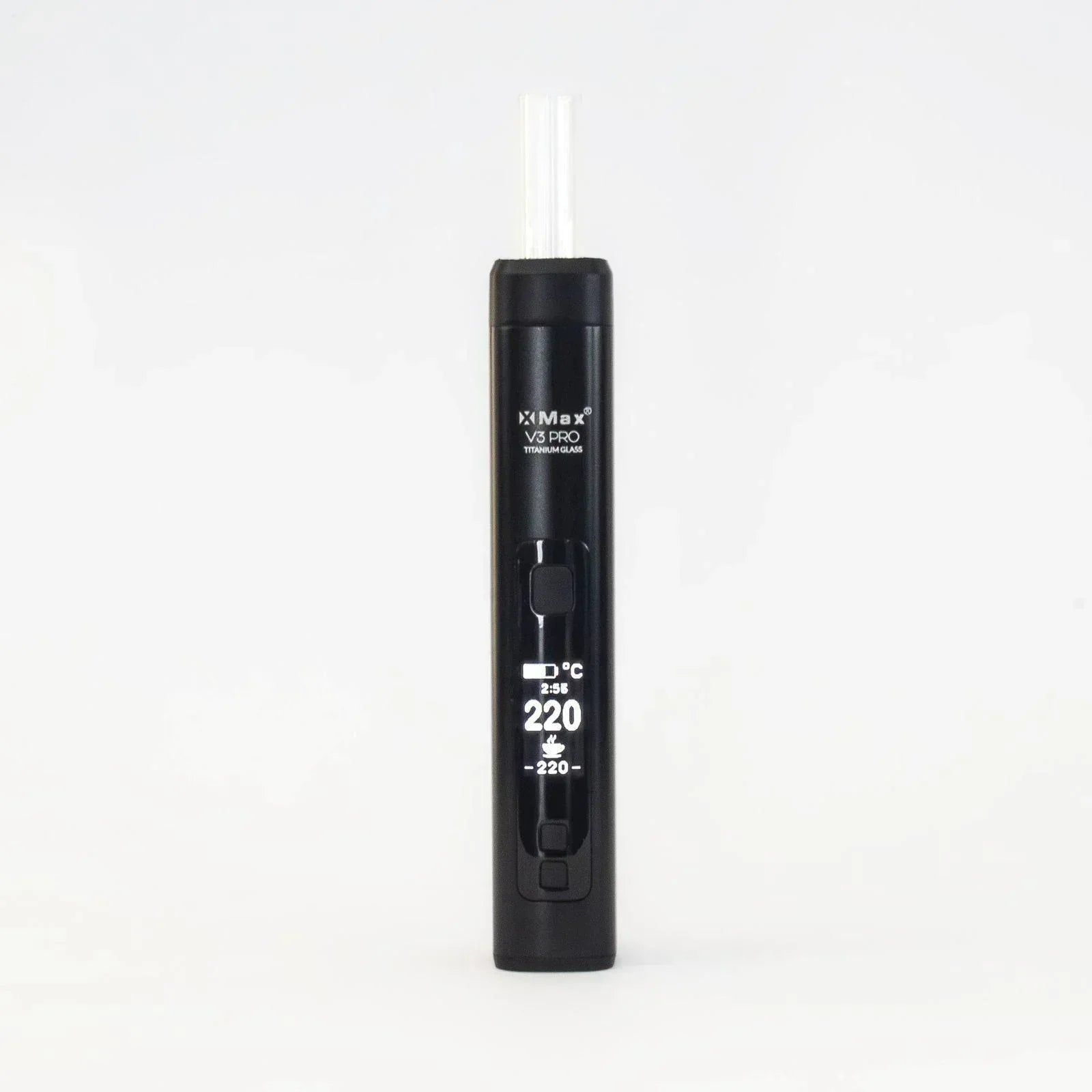 Black portable dry herb vaporizer with digital display, temperature set to 220°C, isolated on white background.