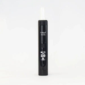 Black portable dry herb vaporizer with digital display, temperature set to 220°C, isolated on white background.