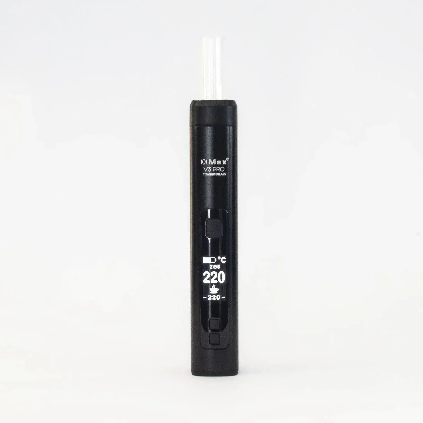 Black portable dry herb vaporizer with digital display, temperature set to 220°C, isolated on white background.