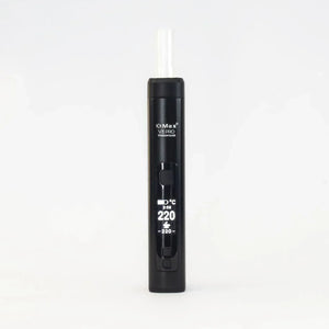 Black portable dry herb vaporizer with digital display, temperature set to 220°C, isolated on white background.