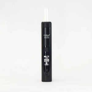 Black portable dry herb vaporizer with digital display, temperature set to 220°C, isolated on white background.
