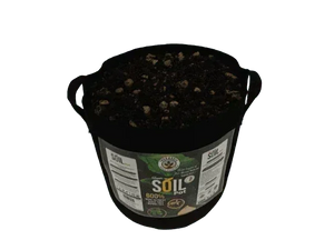 Organic soil pot for cannabis plant growing, nutrient-rich soil in black container