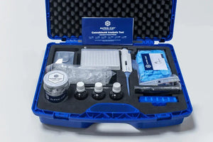 Cannabinoid analysis test kit with bottles, pipettes, vials, and gloves in blue case