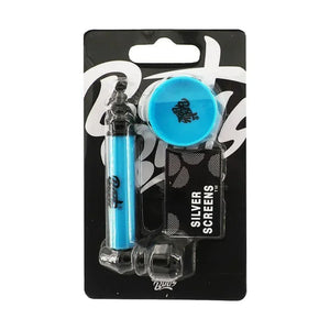 Blue metal pipe kit with mini grinder and silver screens in retail packaging