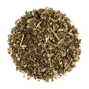 Dried blackberry leaf herbal blend for wellness and natural tea remedies on white background