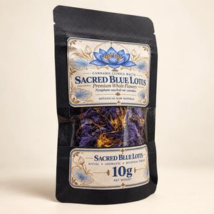 Angled view of 10g Sacred Blue Lotus whole flowers pouch