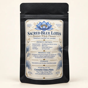 Back label of 10g Sacred Blue Lotus whole flowers pouch