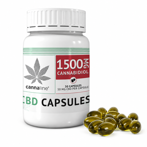 Cannaline 1500mg CBD Capsules with 50mg CBD capsules displayed
