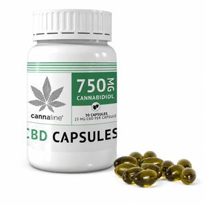 Cannaline 750mg CBD Capsules with 25mg CBD capsules displayed