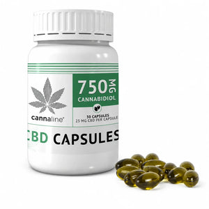 Cannaline 750mg CBD Capsules with 25mg CBD capsules displayed