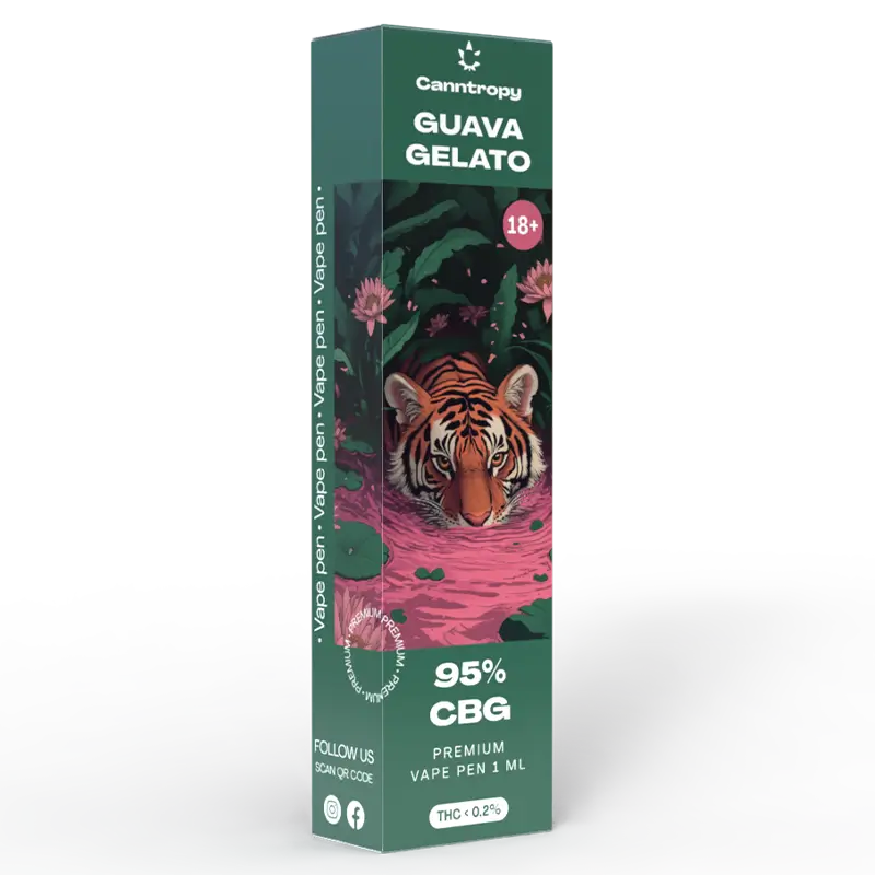 Canntropy Guava Gelato premium CBG vape pen side packaging with tropical artwork